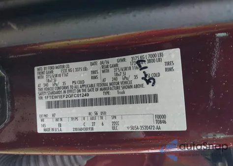 2016 Ford F-150 Lariat z USA, uszkodzony, nr VIN 1FTEW1EF2GFC01249